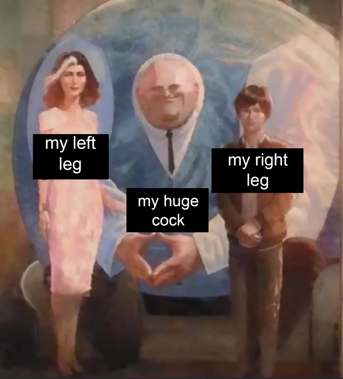 My huge cock Мем с изображением большого человека в центре, между которым стоят двое людей, а снизу надпись «my huge cock»
