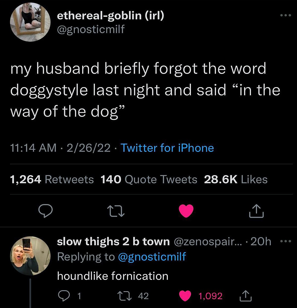 My husband briefly forgot the word doggystyle Скриншот из Твиттера, где пользователь @gnosticmilf рассказывает забавную историю о своем муже, который забыл слово doggystyle и сказал «in the way of the dog»