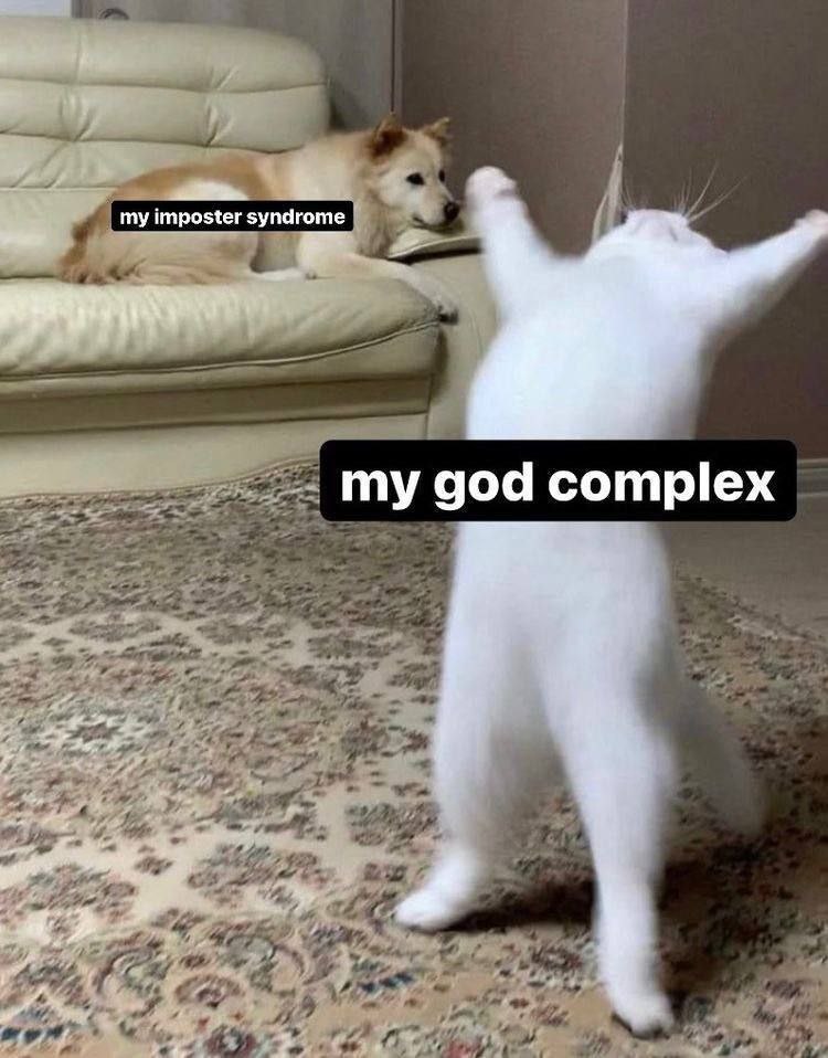 My imposter syndrome и my god complex Мем с котом, который стоит на задних лапах, и собакой, лежащей на диване, олицетворяет синдром самозванца и комплекс бога.