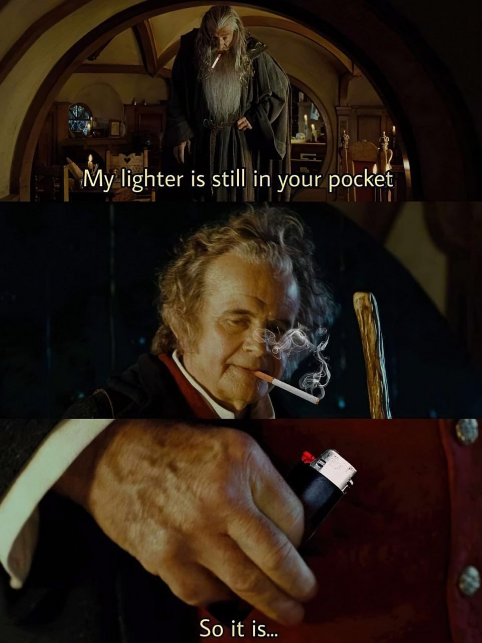 My lighter is still in your pocket Мем про Гэндальфа и Бильбо Бэггинса с зажигалкой в кармане