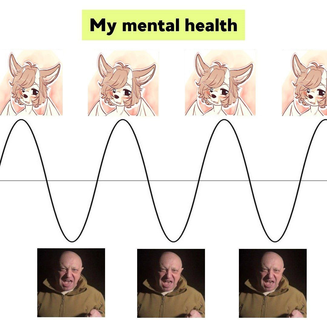 Мем про то, как колеблется ментальное здоровье между милым персонажем и кричащим лысым мужчиной