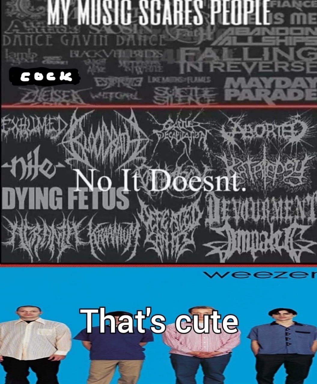 MY MUSIC SCARES PEOPLE MY MUSIC SCARES PEOPLE мем с группами Weezer и Dying Fetus