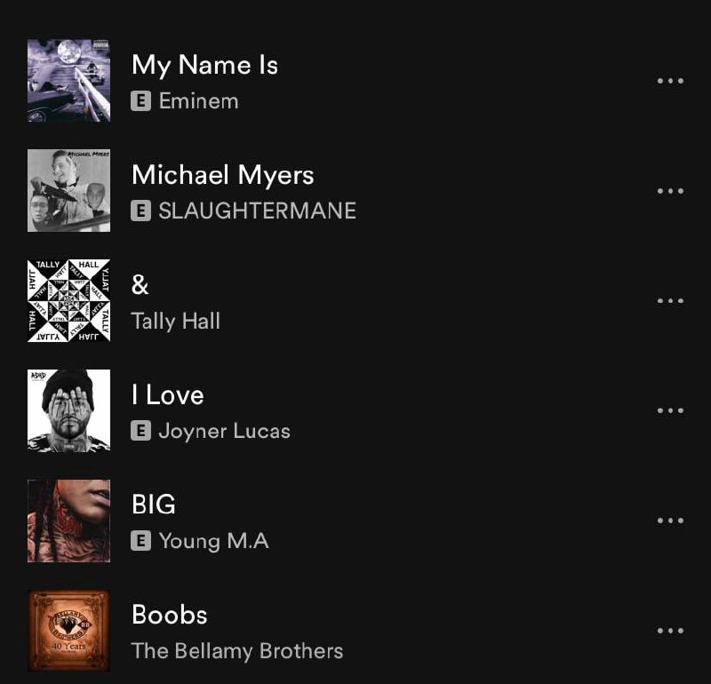 Мое имя Майкл Майерс, и я люблю большие сиськи Мем, где плейлист из Spotify или похожего сервиса формирует забавную фразу: «Мое имя Майкл Майерс, и я люблю большие сиськи».