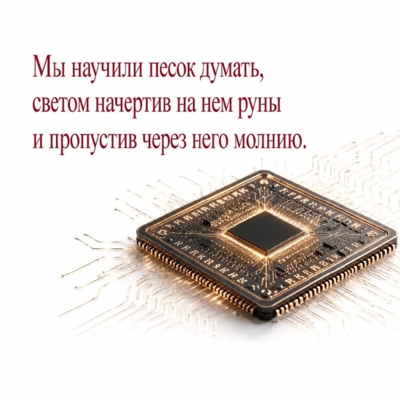На изображении микрочип и шутливая фраза о том, как «научили песок думать», проводя через него молнию.