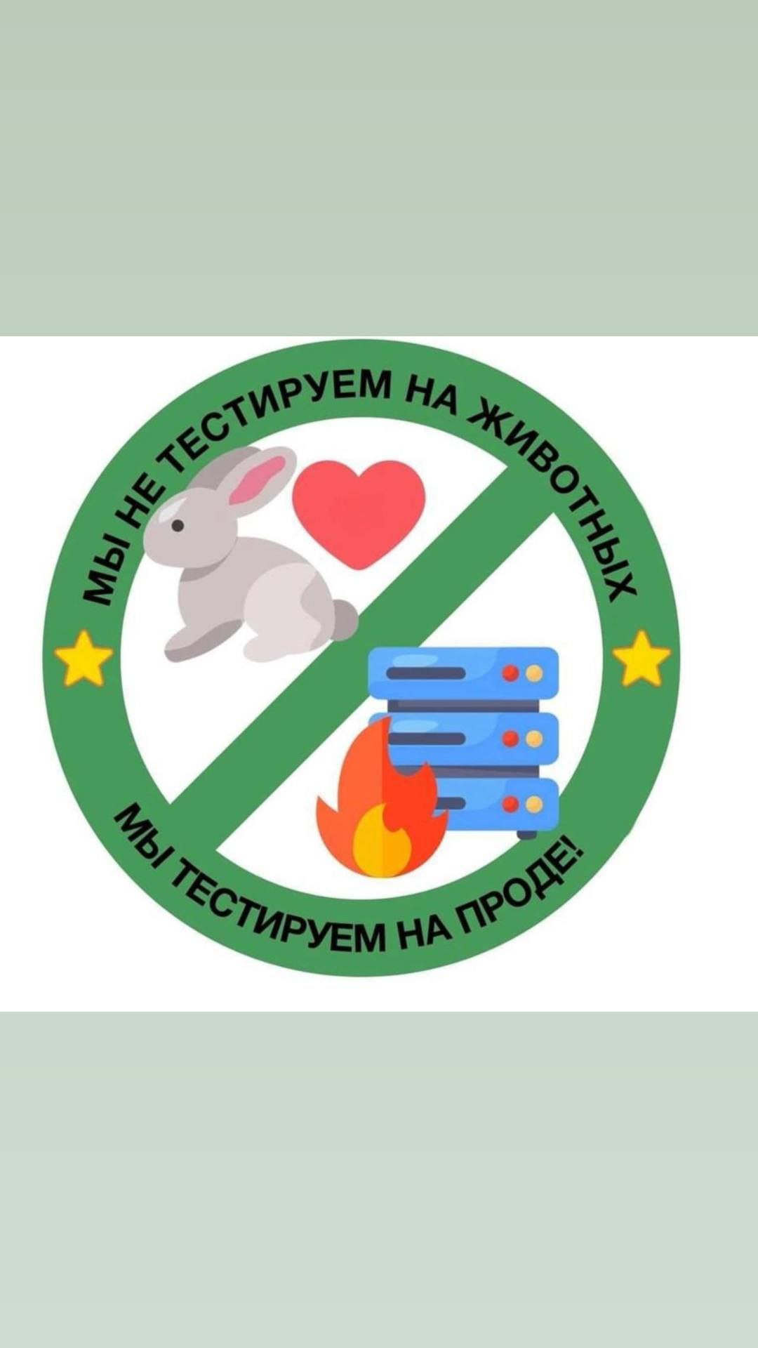 Мы не тестируем на животных, мы тестируем на проде Мем с надписью "Мы не тестируем на животных, мы тестируем на проде", изображающий перечеркнутого кролика с сердцем и горящий сервер.