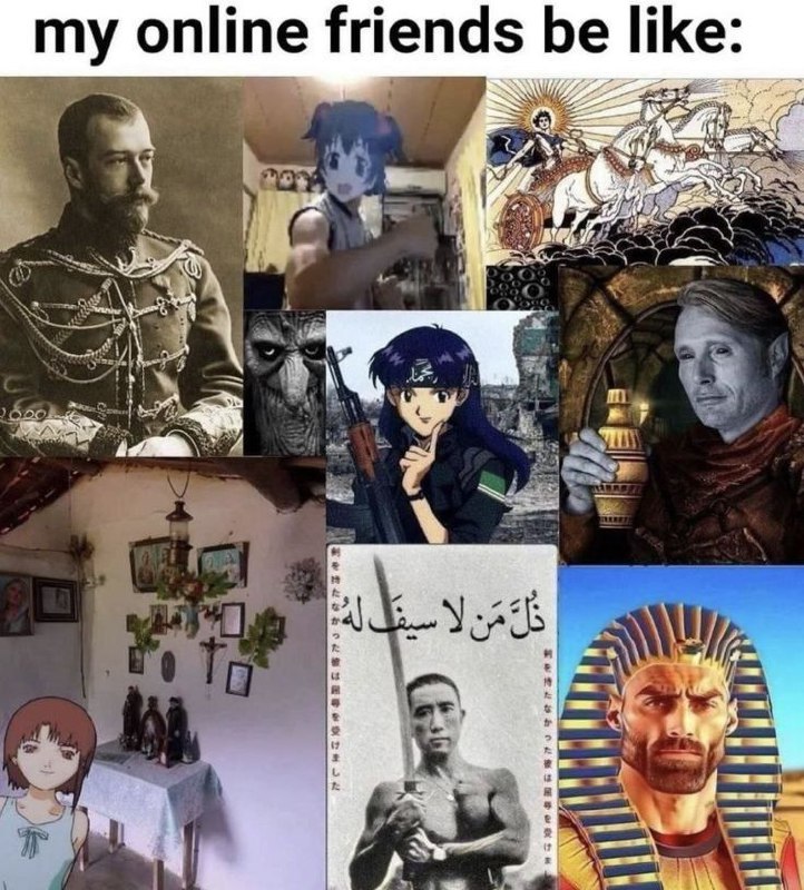 Коллаж с разными странными и эксцентричными образами под надписью «my online friends be like:» — «мои онлайн-друзья такие:»