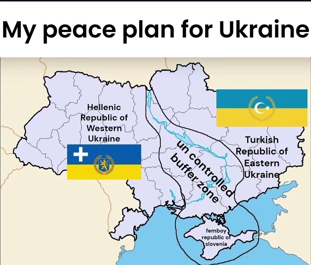 Сатирическая карта «My peace plan for Ukraine» с вымышленным разделом Украины между Грецией, Турцией, ООН и Республикой Словения