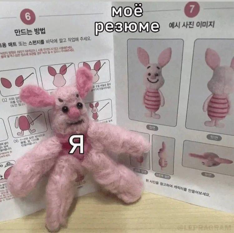 Моё резюме Пятачок Мем с Пятачком, которого сделали не по инструкции, и надписью «моё резюме»