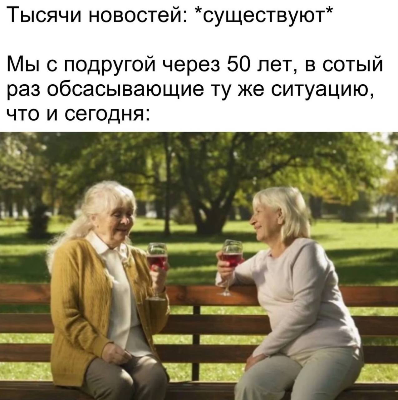 Мы с подругой через 50 лет Мем с двумя пожилыми женщинами, сидящими на лавочке в парке с бокалами вина, и надписью: "Тысячи новостей: *существуют* Мы с подругой через 50 лет, в сотый раз обсасывающие ту же ситуацию, что и сегодня"
