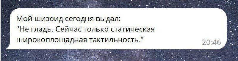 Мой шизоид сегодня выдал: Не гладь Скриншот сообщения из мессенджера со странной фразой про тактильность от шизоида.