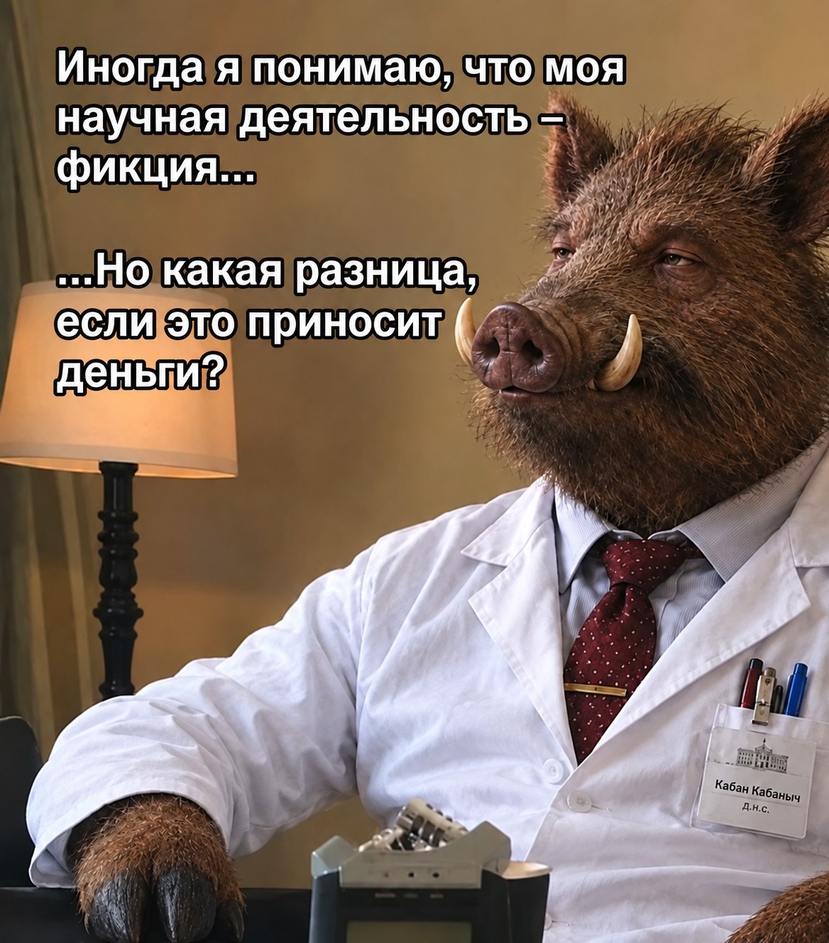 Кабан-ученый признается, что его научная деятельность — фикция, но какая разница, если она приносит деньги