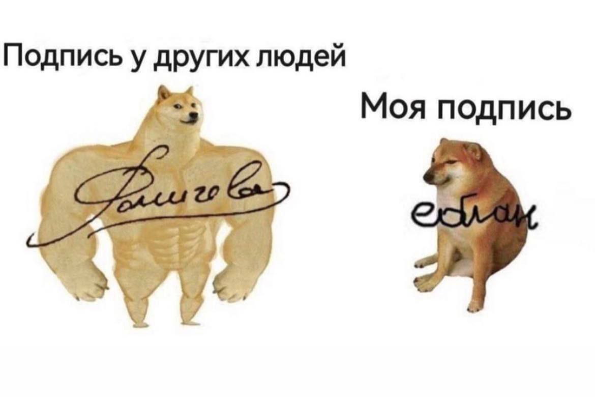 Моя подпись и подпись у других людей Мем с Бафф Доге и Чимсом, сравнивающий идеальные подписи других людей с некрасивой подписью автора