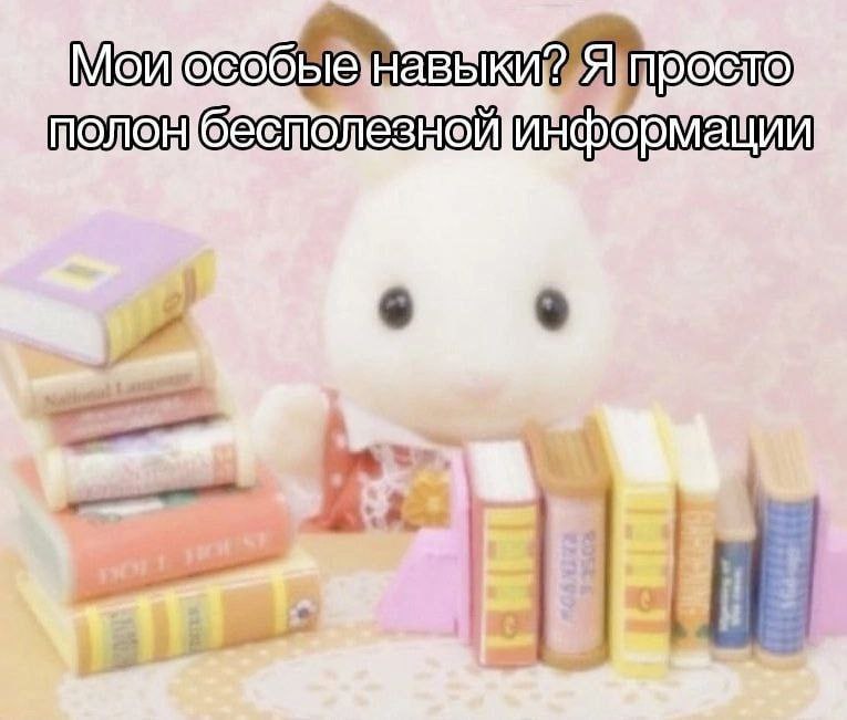 Мои особые навыки? Я просто полон бесполезной информации Мем с кроликом и книгами: Мои особые навыки? Я просто полон бесполезной информации