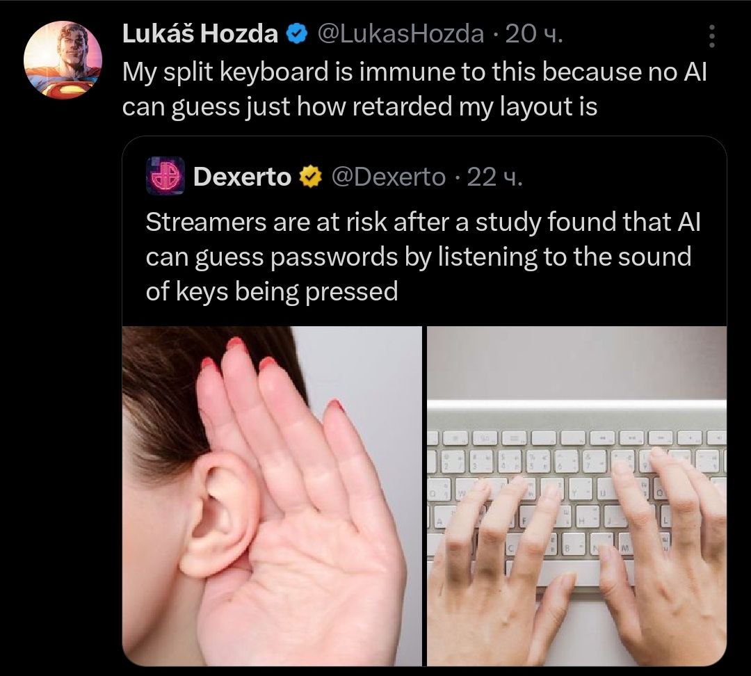 My split keyboard is immune Мем про неуязвимость разделённой клавиатуры к взлому ИИ из-за нестандартной раскладки