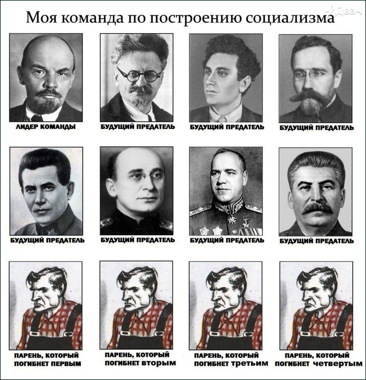 Мем про команду для построения социализма, где многие соратники объявлены предателями, а простые люди погибают первыми.