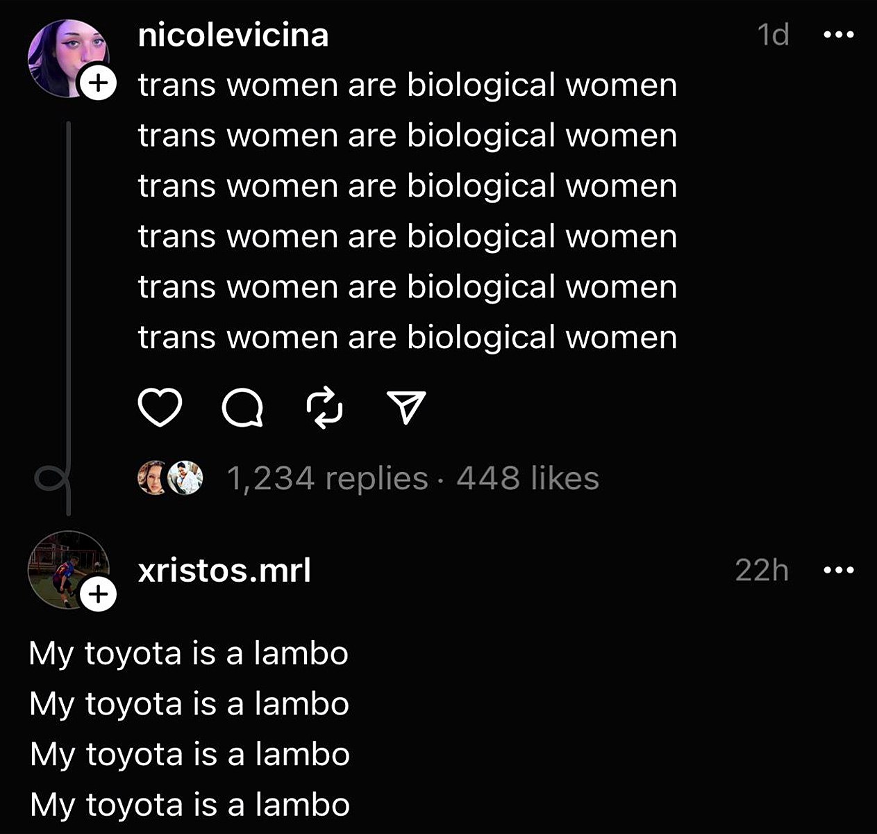 My toyota is a lambo Мем с двумя комментариями в соцсети: «trans women are biological women» и «my toyota is a lambo»