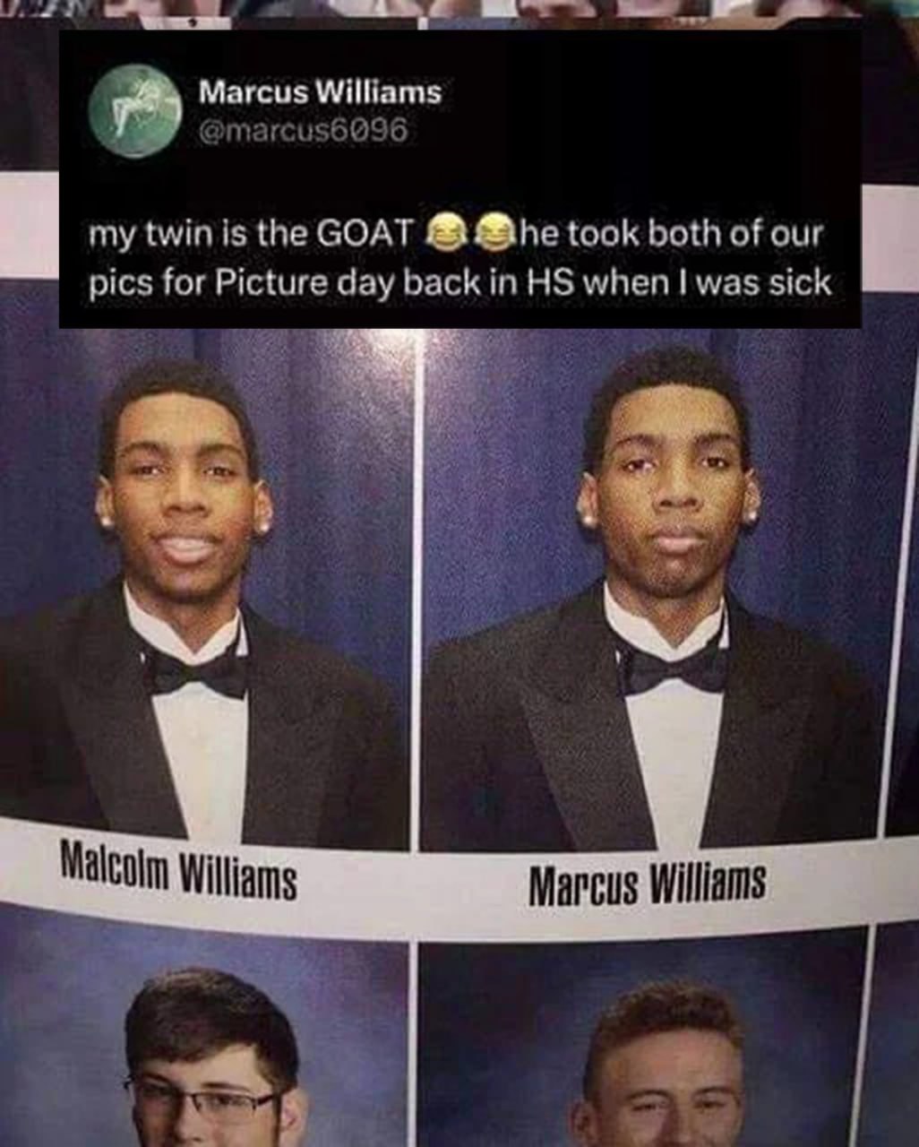 My twin is the GOAT Твит Маркуса Уильямса о его брате-близнеце, который сделал фотографии за них обоих в школе