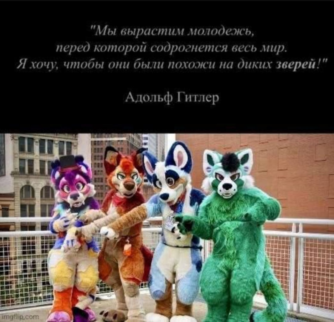 Цитата про молодежь и снизу четверо людей в ярких костюмах фурри, позирующие на крыше на фоне города