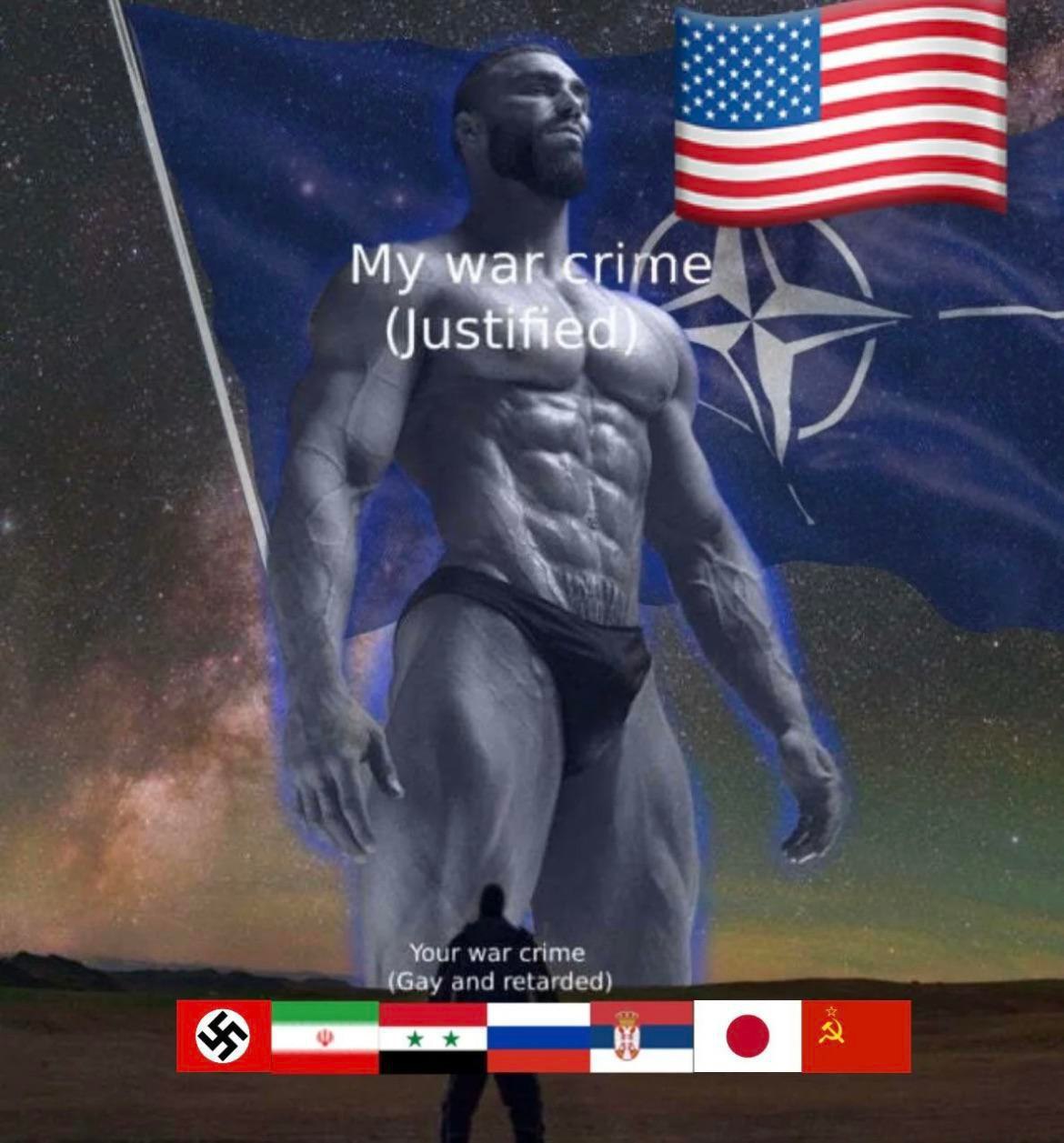 Мем про военные преступления гигачада, НАТО и США, а также преступления других стран