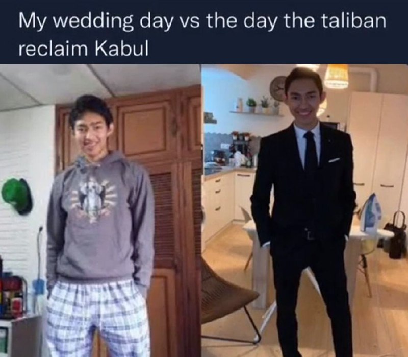My wedding day vs the day the taliban reclaim Kabul Мужчина на свадьбе против мужчины после захвата Кабула Талибаном.