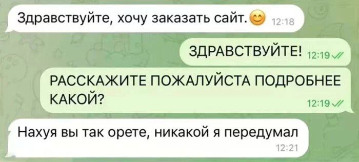 Нахуя вы так орете Мем с перепиской, где клиент отказывается от заказа сайта из-за того, что исполнитель "орет"