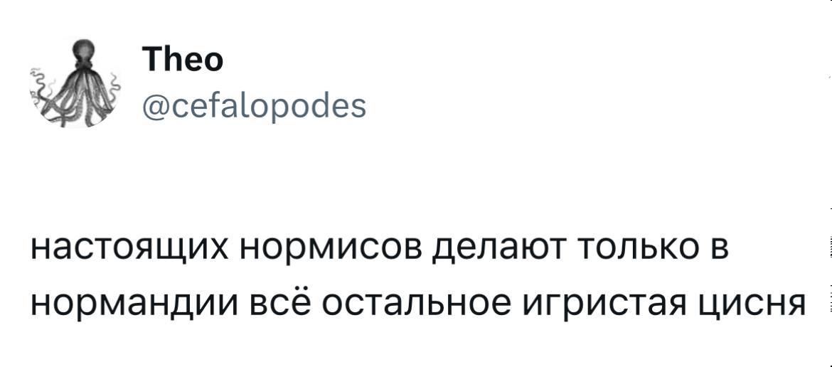 Текстовый мем о том, что настоящих нормисов делают только в Нормандии, а всё остальное — игристая цисня.
