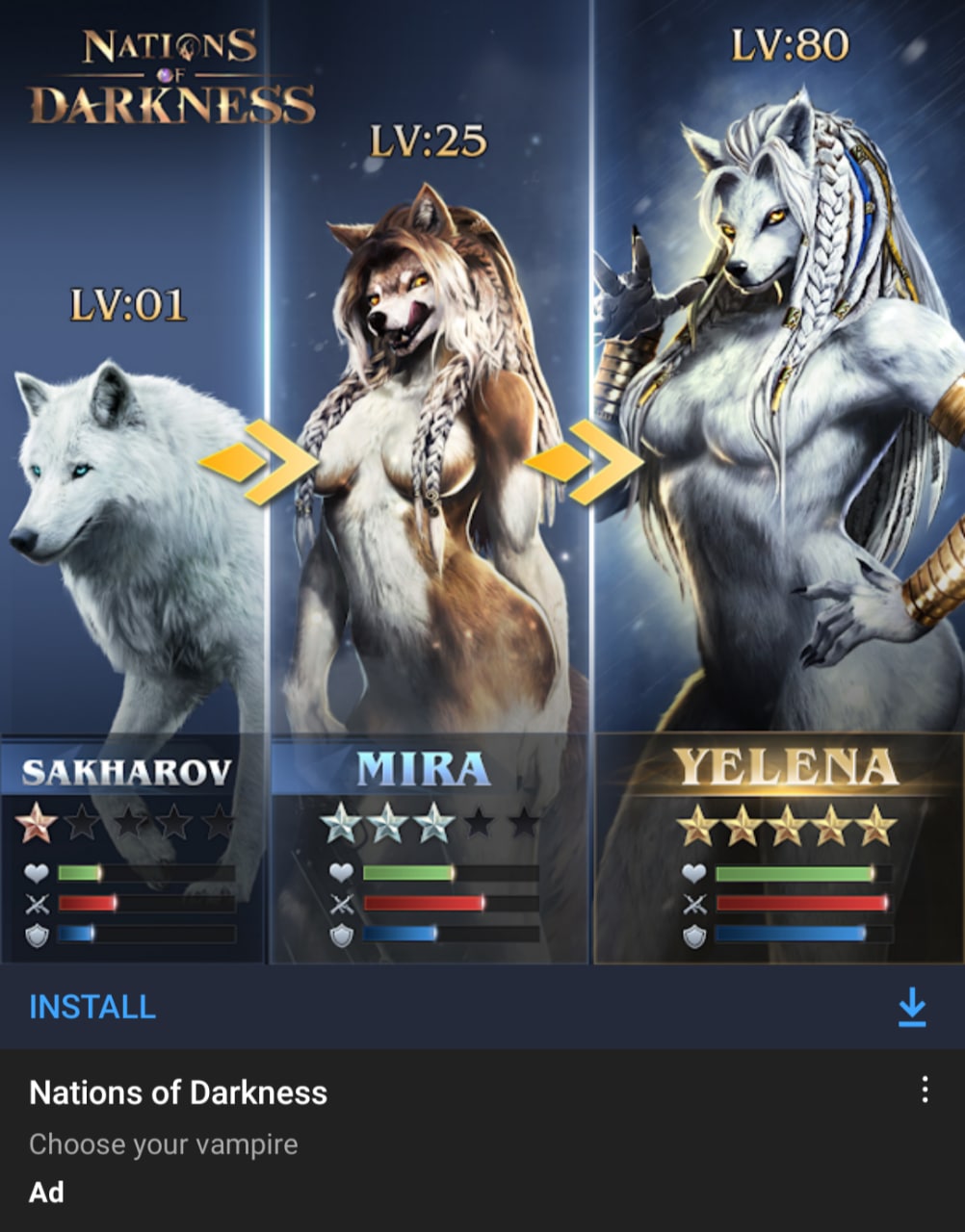 Nations of Darkness: трансформация волков в фурри-девушек Мем про трансформацию волков в фурри-девушек в мобильной игре Nations of Darkness. На первом уровне волк Сахаров, на 25-м — Мира, на 80-м — Елена.