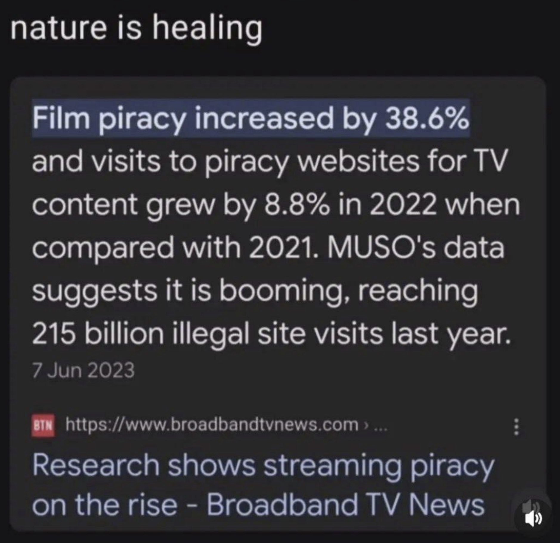 Ироничный скриншот о росте онлайн-пиратства: «nature is healing» — природа исцеляется