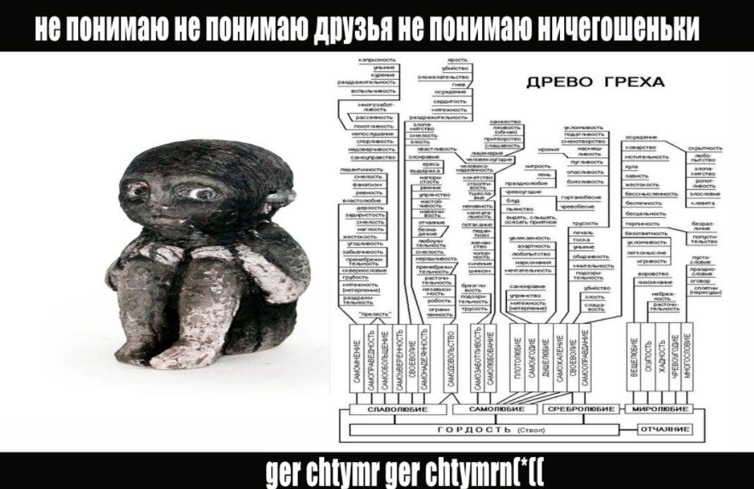 Не понимаю ничегошеньки Мем с маленьким существом, которое сидит перед "древом греха" и говорит: "Не понимаю, не понимаю, друзья, не понимаю ничегошеньки".