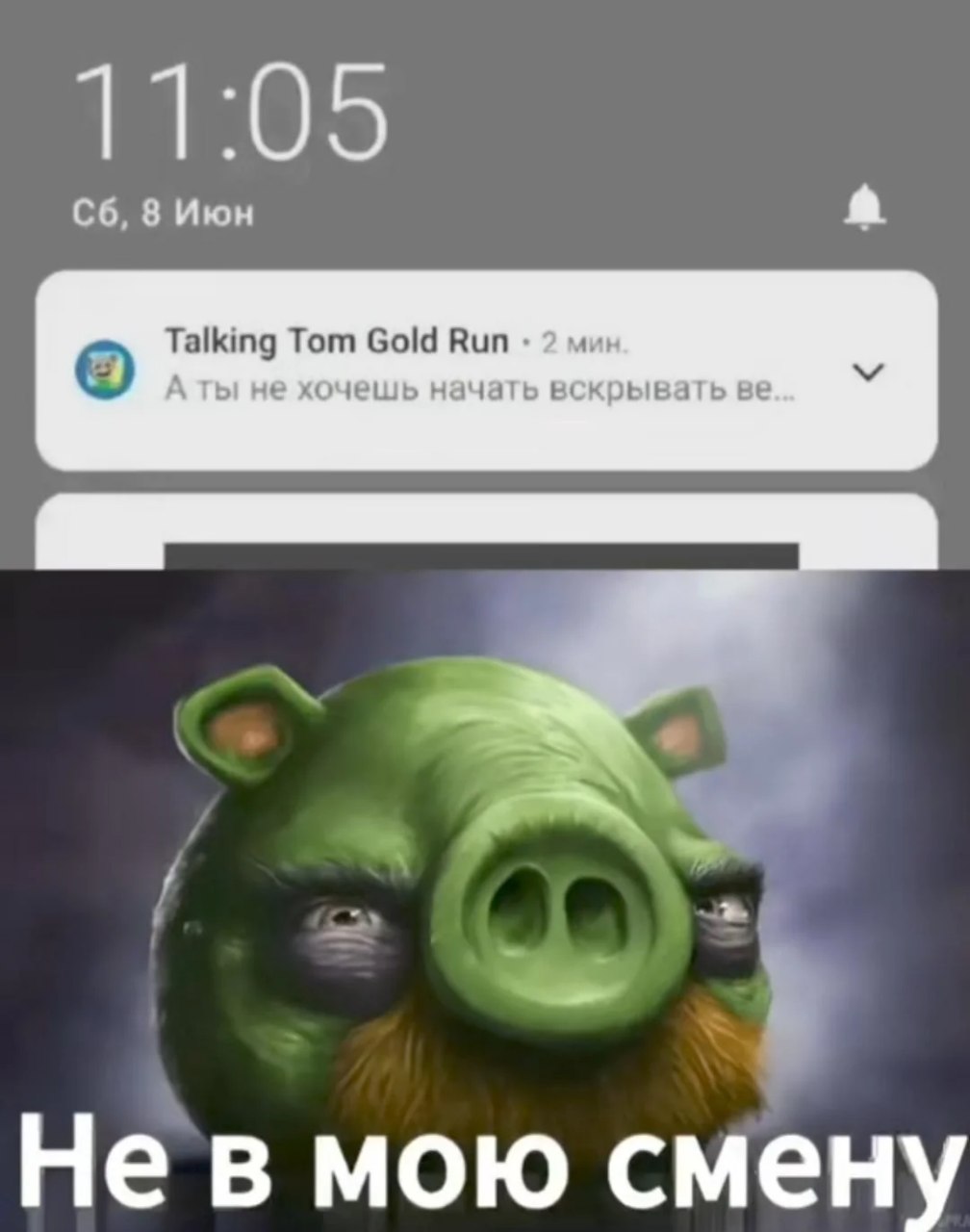Не в мою смену Мем про свинью из Angry Birds и уведомление от игры "Talking Tom Gold Run", которое предлагает начать "вскрывать" что-то, на что свинья отвечает "Не в мою смену".