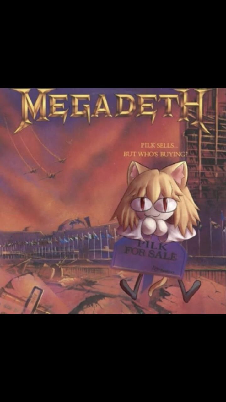 Неко Арк с пилком на обложке Megadeth Мем с котом Неко Арк из Tsukihime на обложке альбома Megadeth, продающим «пилк»
