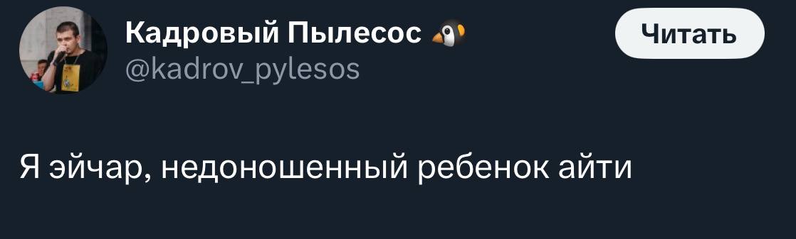 Я эйчар, недоношенный ребенок айти Мем с надписью «Я эйчар, недоношенный ребенок айти» из аккаунта «Кадровый Пылесос» в Твиттере, где на аватарке изображен мужчина, говорящий в микрофон.