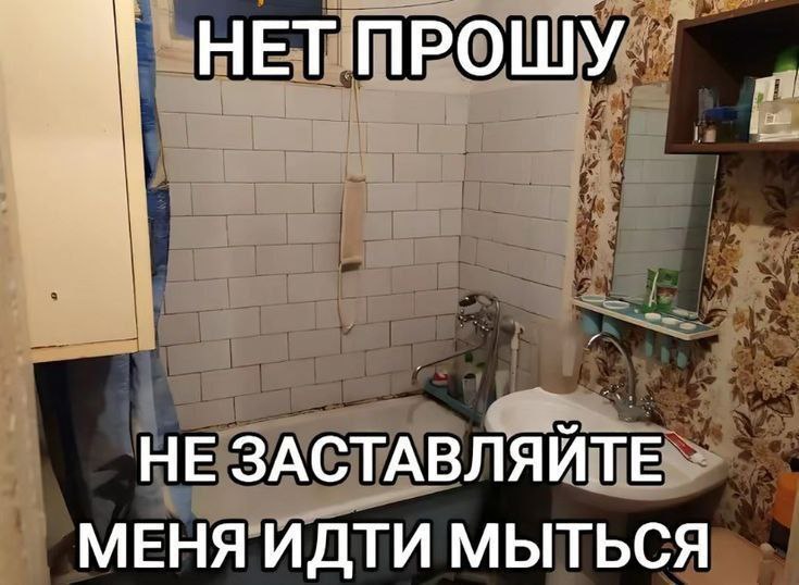 НЕТ ПРОШУ НЕ ЗАСТАВЛЯЙТЕ МЕНЯ ИДТИ МЫТЬСЯ Мем с надписью «Нет, прошу, не заставляйте меня идти мыться» в ванной комнате