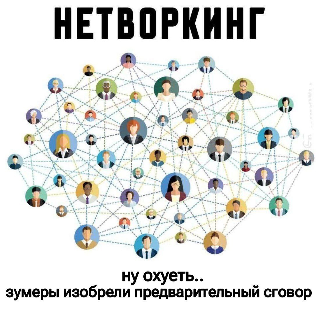 Нетворкинг — зумеры изобрели предварительный сговор Мем про нетворкинг и сговор, изобретенный зумерами, демонстрирующий сеть аватарок людей