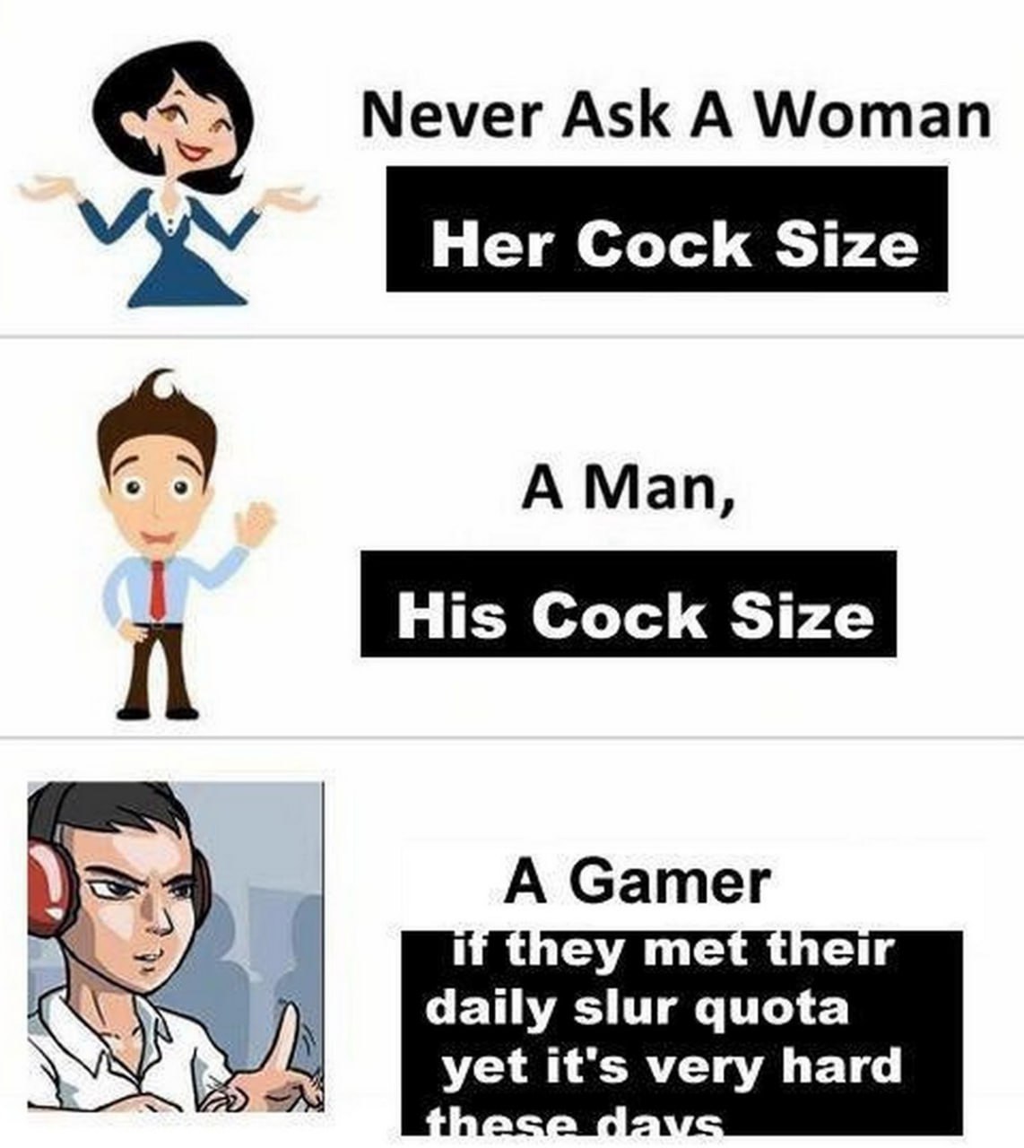 Never ask a gamer if they met their daily slur quota Мем "Никогда не спрашивай геймера, выполнил ли он свою ежедневную норму оскорблений"