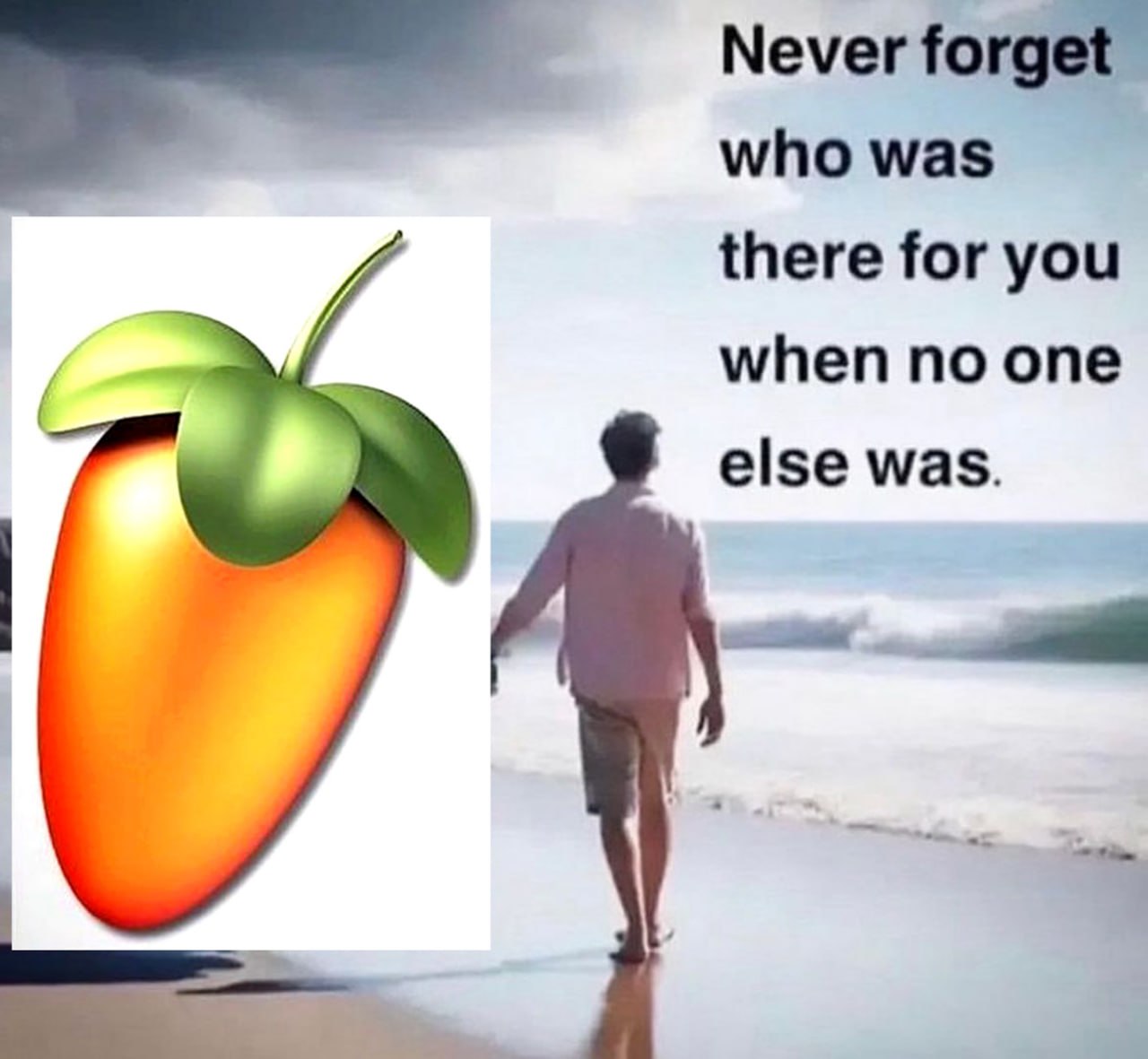 Never forget FL Studio Человек на пляже и FL Studio с надписью Never forget who was there for you when no one else was