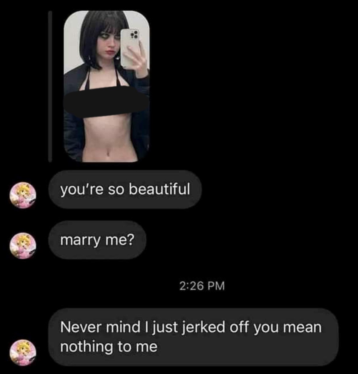 Never mind I just jerked off you mean nothing to me Мем про то, как человек пишет «You mean nothing to me» после мастурбации