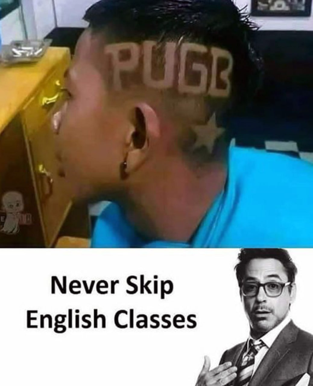 Never Skip English Classes Мужчина со стрижкой PUG B и Роберт Дауни-младший с надписью «никогда не пропускайте уроки английского»