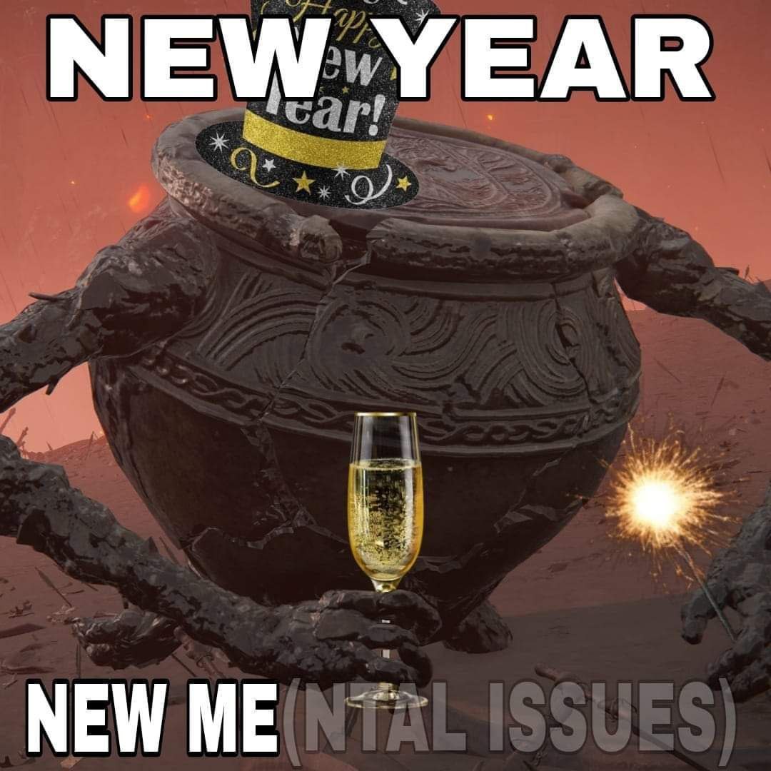 New year new me mental issues Кувшин из Elden Ring в новогоднем колпаке с бокалом шампанского и бенгальским огнем.