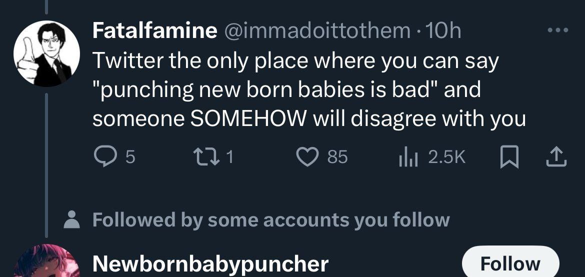 Аккаунт Newbornbabypuncher Скриншот твита, где пользователь Fatalfamine пишет, что Твиттер — это единственное место, где можно сказать, что «бить новорожденных младенцев — плохо», и кто-то ВСЕ РАВНО не согласится. Под твитом виден аккаунт Newbornbabypuncher.