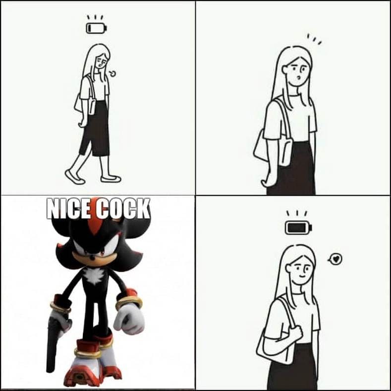 Nice cock Шэдоу Мем с Шэдоу, говорящим Nice cock девушке и поднимающим ей настроение.