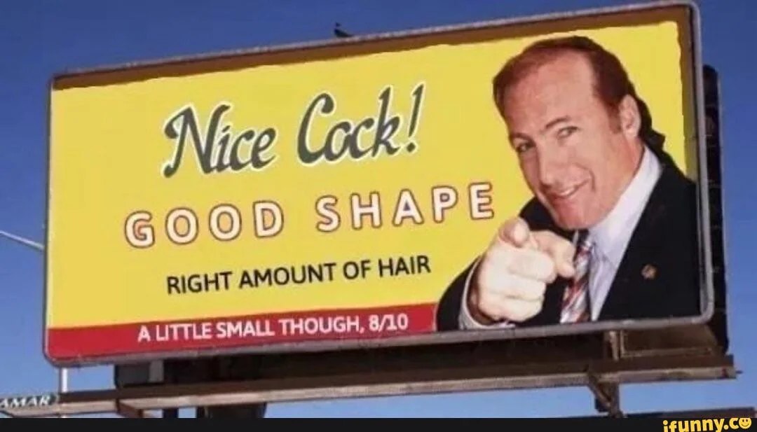 Nice Cock! Мем с Солом Гудманом и надписью «Nice Cock! Good Shape. Right amount of hair. A little small though, 8/10»