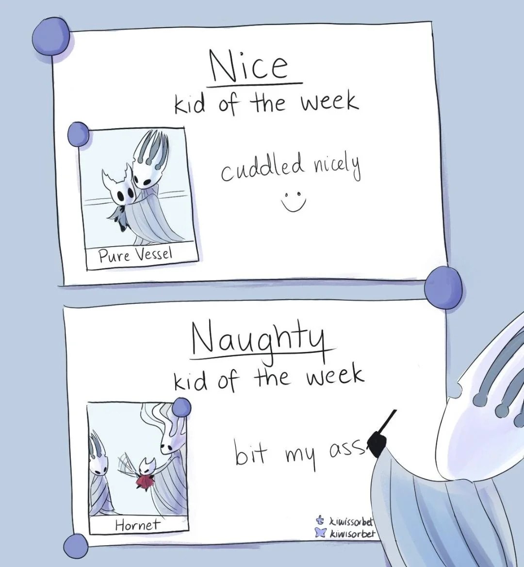 Два листка с надписями Nice и Naughty: в одном персонаж мило обнимается, в другом Hornet кусает за задницу.