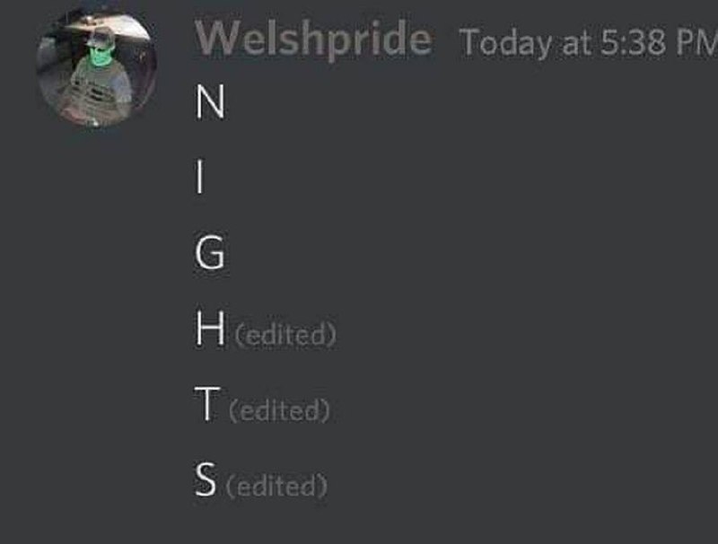 NIGHTS (edited) Скриншот сообщения в чате Discord со словом NIGHTS, где буквы H, T, S отмечены как отредактированные.