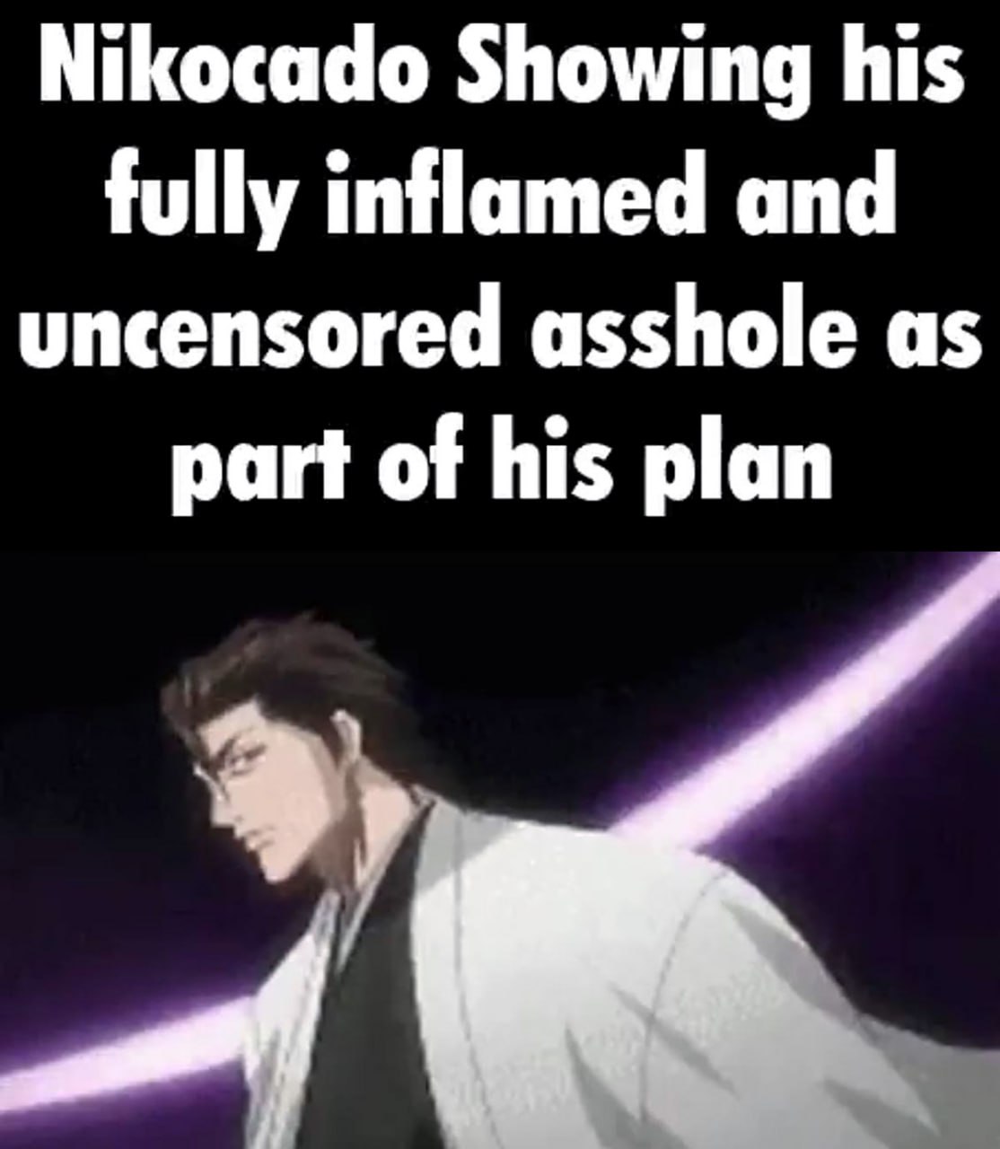 Nikocado Showing his fully inflamed and uncensored asshole as part of his plan Мем с фразой «Nikocado Showing his fully inflamed and uncensored asshole as part of his plan» и Айдзеном из аниме «Блич»