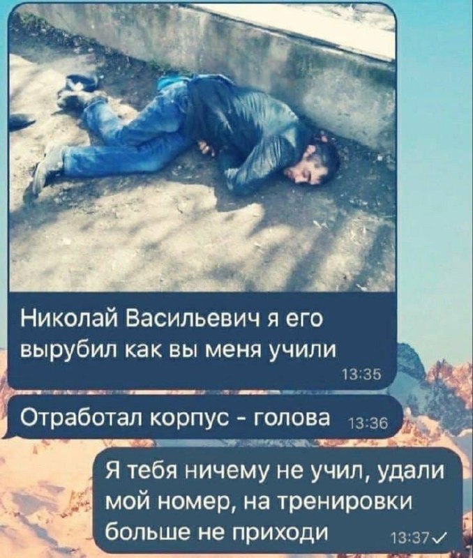 Николай Васильевич я его вырубил Переписка в мессенджере с фотографией нокаутированного человека и текстом: «Николай Васильевич я его вырубил как вы меня учили. Отработал корпус - голова. Я тебя ничему не учил, удали мой номер, на тренировки больше не приходи»