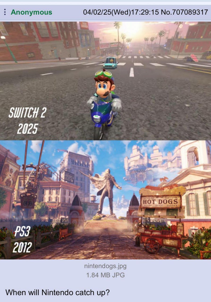 Графика Nintendo Switch 2 против PS3 2012 года Мем, сравнивающий графику ожидаемой Nintendo Switch 2 2025 года с игрой на PS3 2012 года, показывающий Луиджи на мотоцикле и футуристический город из Bioshock Infinite.