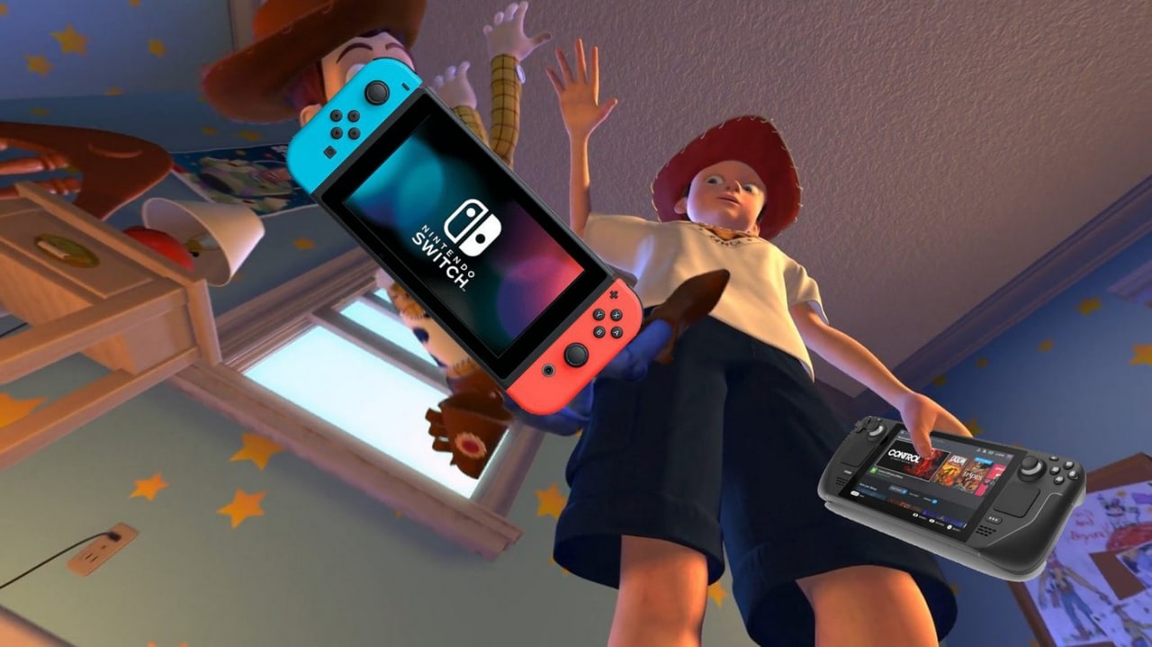 Nintendo Switch против Steam Deck Мальчик Сид держит Steam Deck, а Nintendo Switch падает в бездну, пока испуганные Вуди и Джесси наблюдают за этим.