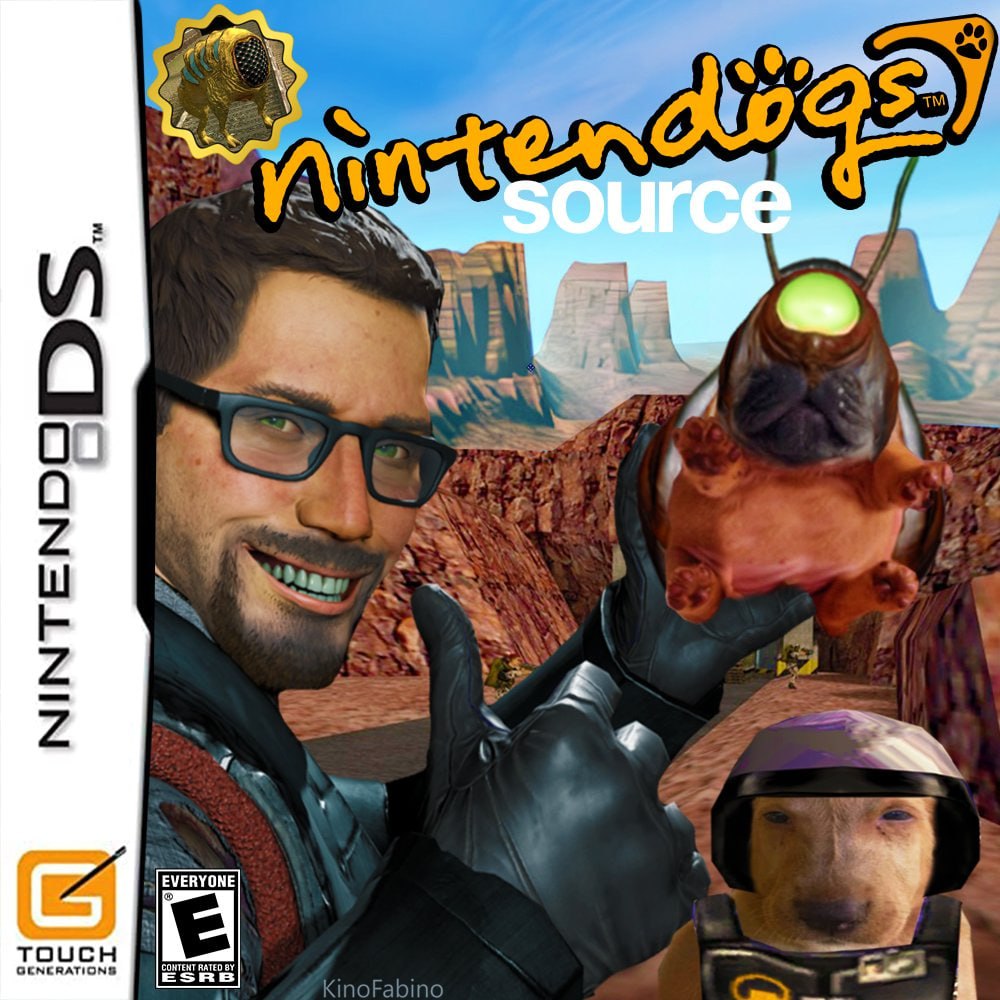 Nintendogs Source Гордон Фримен держит милого барнакла, а рядом стоит собака в шлеме, на обложке игры Nintendogs Source.