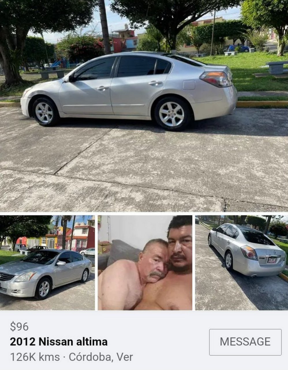 Объявление о продаже Nissan Altima с фотографией двух мужчин Объявление о продаже автомобиля Nissan Altima 2012 года, в котором среди прочих фотографий машины присутствует снимок двух мужчин без рубашек, обнимающихся на диване